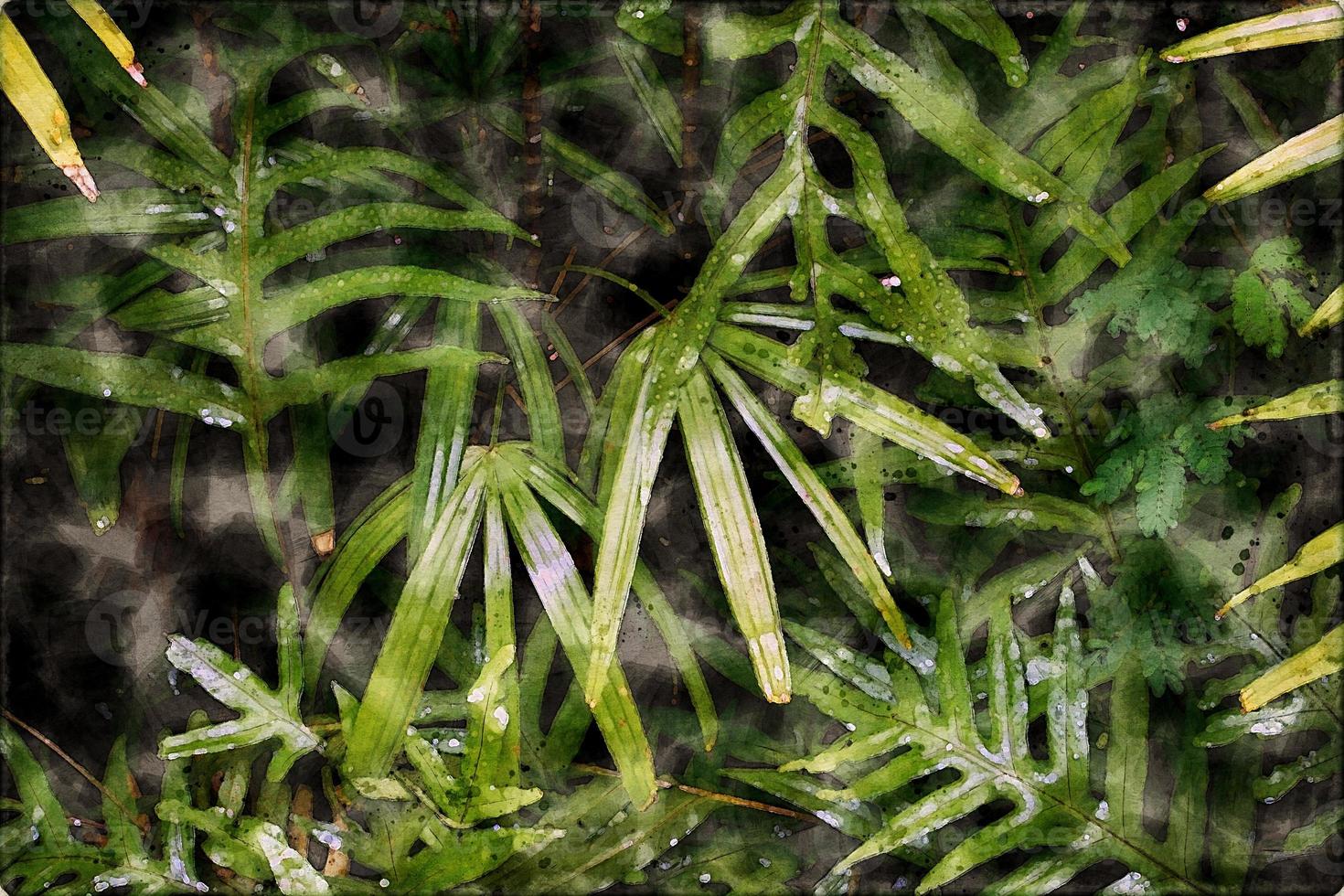 jardin vertical avec feuille verte tropicale, aquarelle. photo