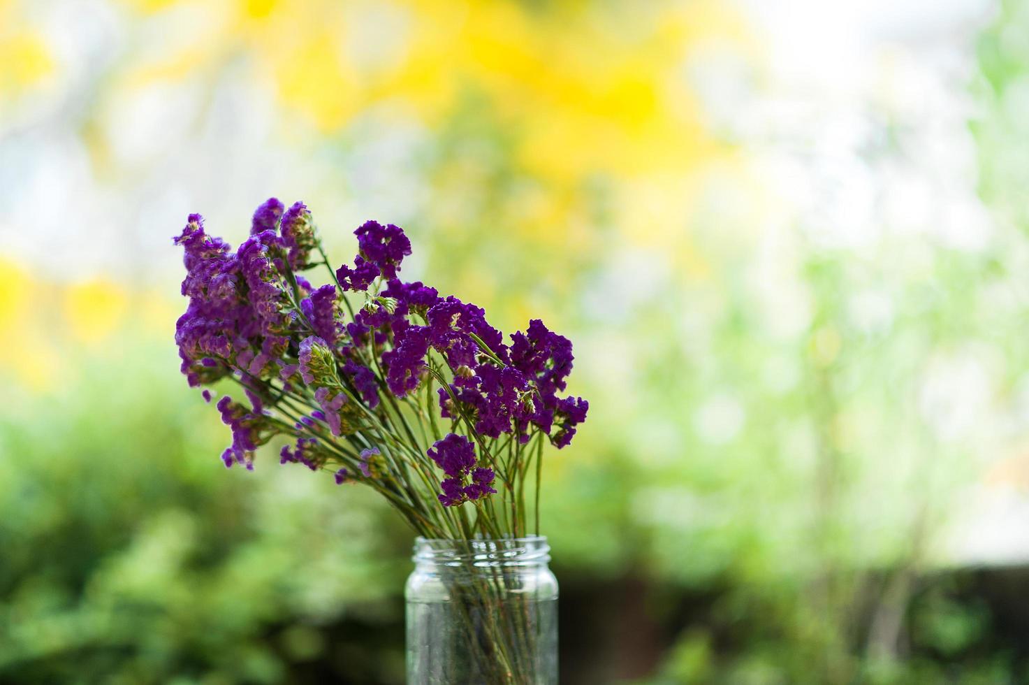 fleurs violettes dans des bouteilles en verre photo