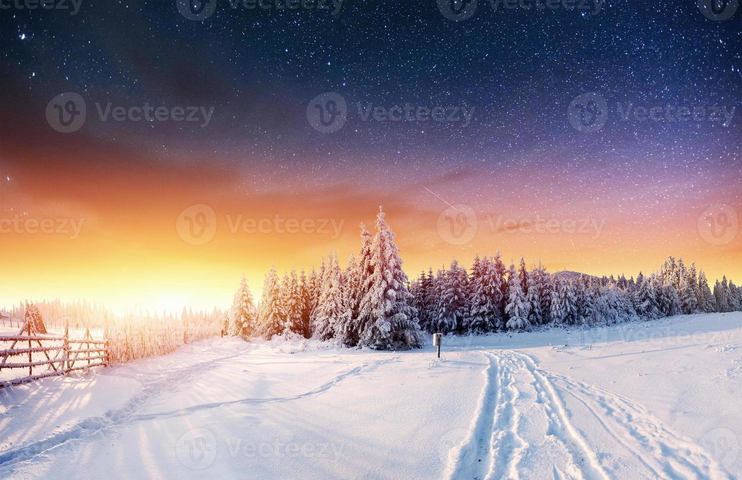 ciel étoilé dans la nuit enneigée d'hiver. fantastique voie lactée photo