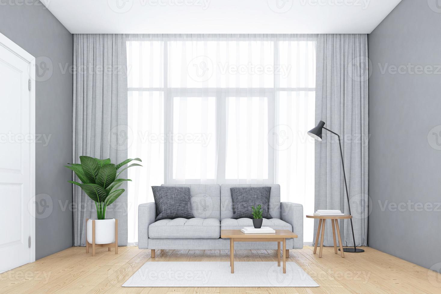 salon minimaliste avec fenêtres et rideaux blancs, canapé et fauteuil, parquet. rendu 3d photo