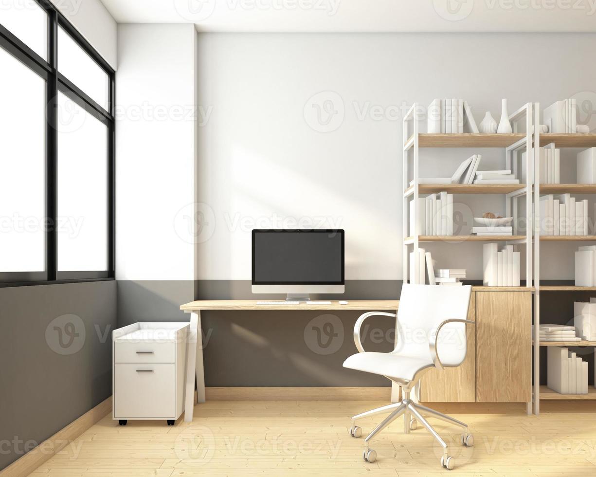 espace de travail minimaliste avec table et chaise, ordinateur de bureau, étagère et armoire, cadre photo blanc. rendu 3d