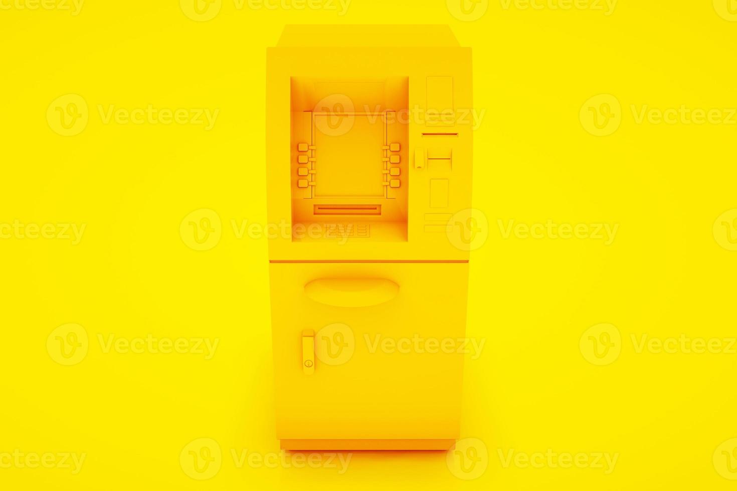 distributeur de billets de banque atm isolé sur fond jaune - illustration 3d. photo