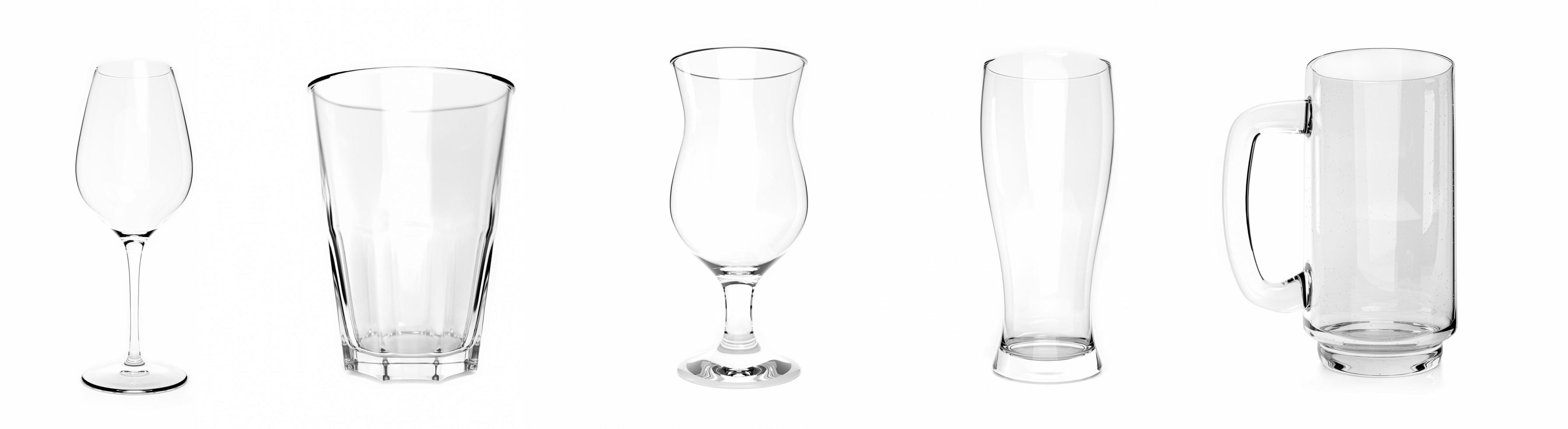 ensemble de différents verres vides sur fond blanc. rendu 3d photo