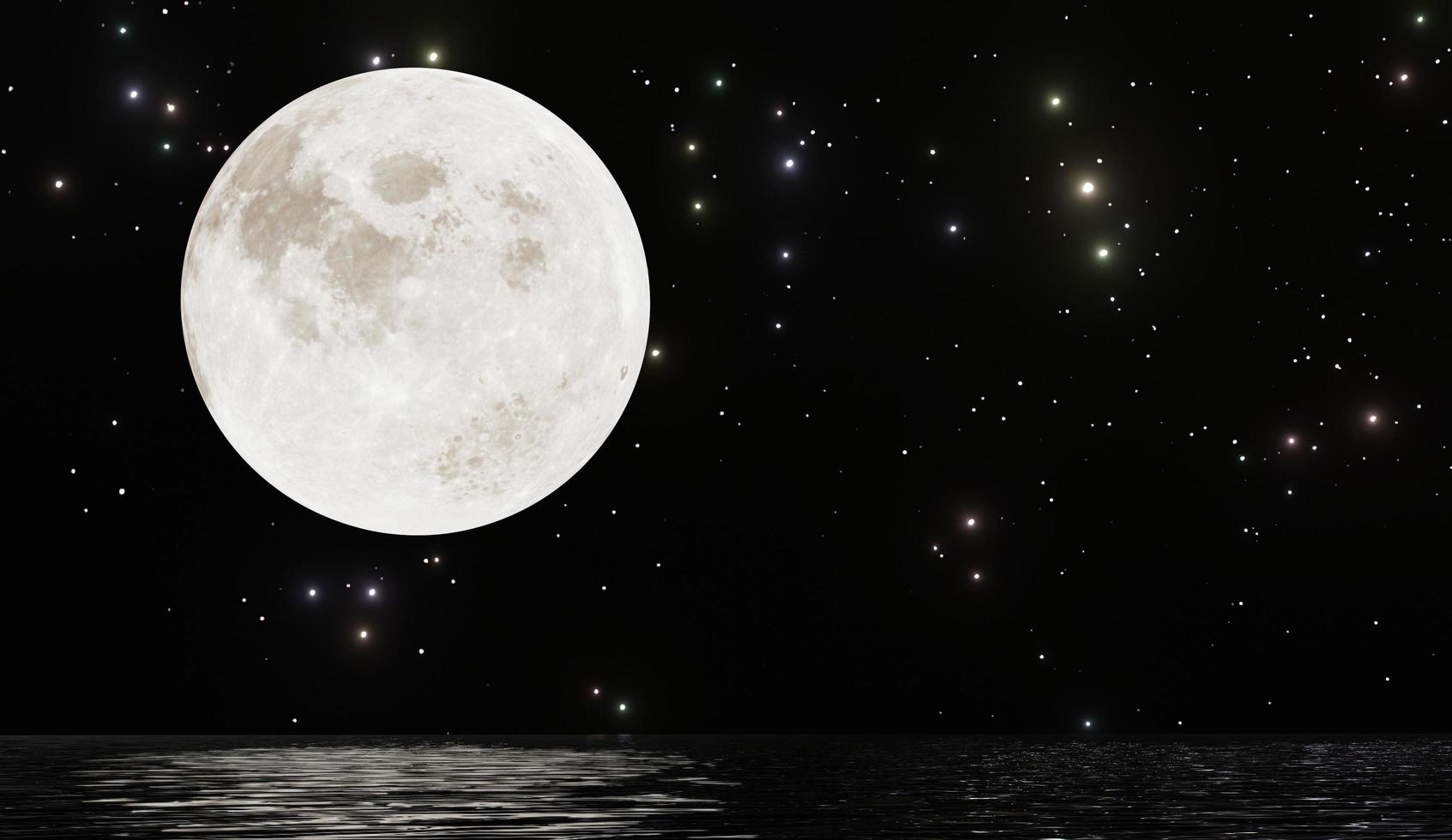 pleine lune avec de nombreuses étoiles et réflexion sur l'eau fond de ciel nocturne sombre photo