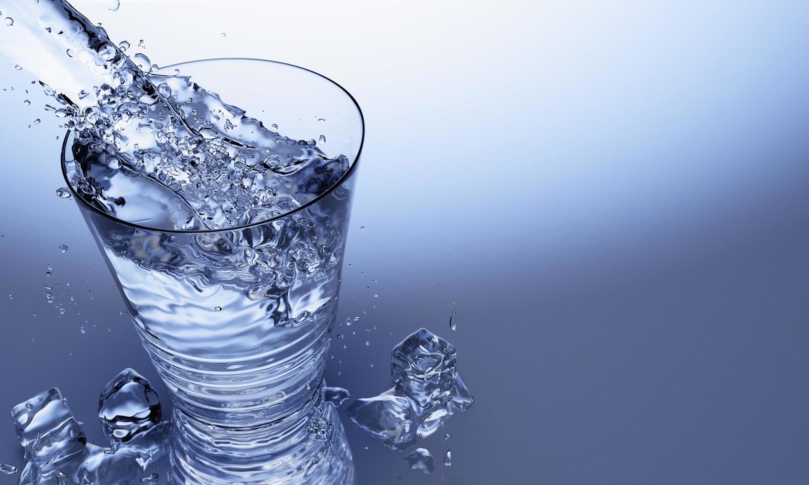 Rendu 3d de verser de l'eau sur du verre avec réflexion sur la surface de la table photo