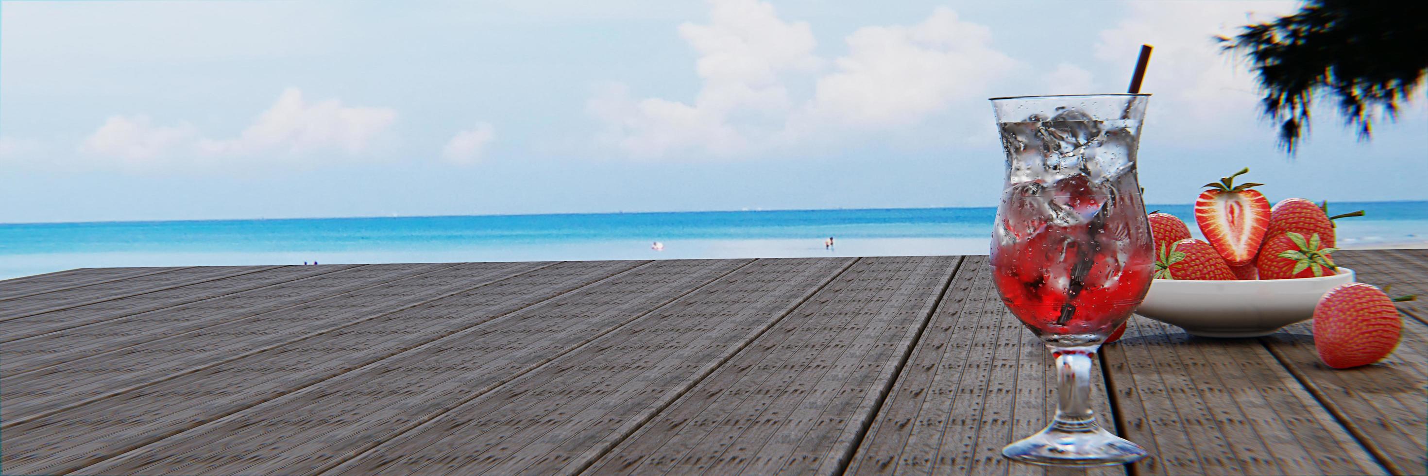 le nectar de fraise sans alcool avec du soda ne mélange pas l'alcool. les fraises fraîches dans une tasse en céramique sont dans le flou d'arrière-plan placé sur une table de planche. le restaurant de la plage et de la mer. photo