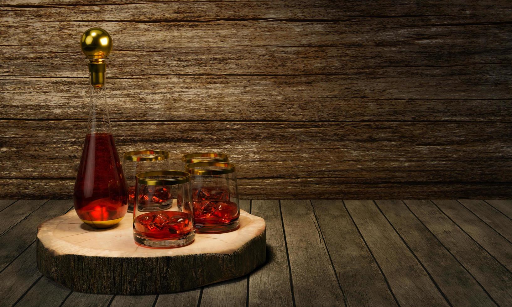 bouteille d'alcool de luxe ou bouteille de whisky, couvercle en forme de losange avec une bande dorée, et buvez une bouteille pleine de verre à whisky transparent avec de l'alcool dans le verre. rendu 3d. photo