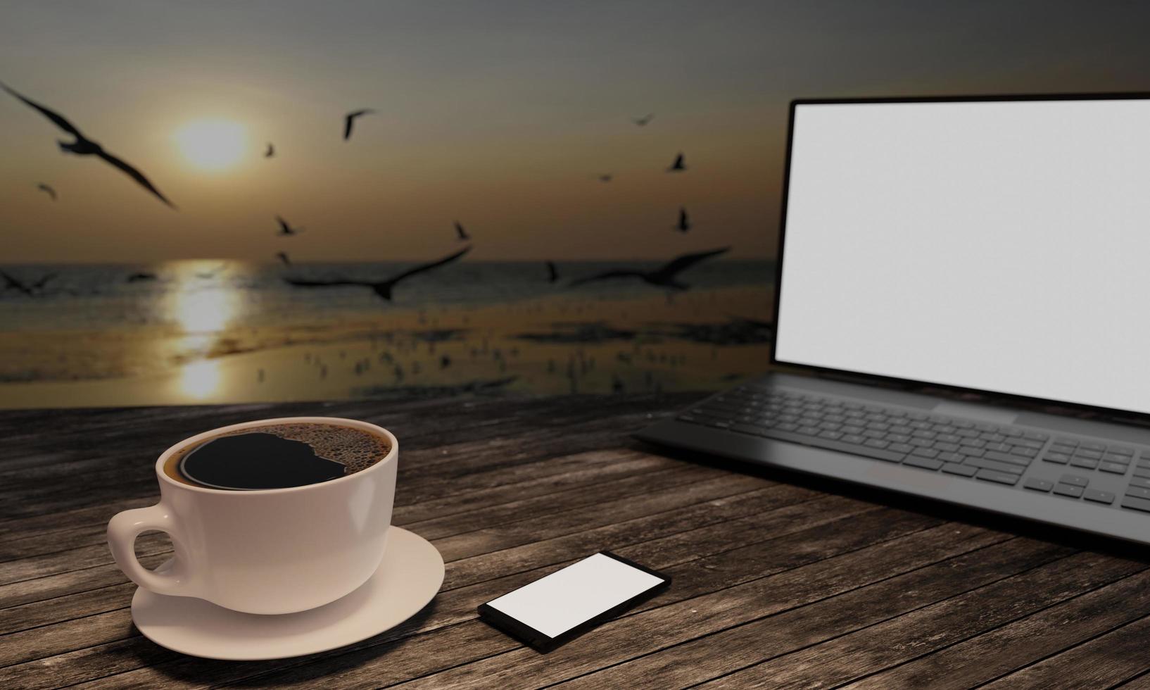 café noir dans une tasse blanche sur une table de surface en bois. ordinateur de bureau à écran blanc flou, écran blanc de smartphone noir sur la table. espace de copie bureau de travail et concept de voyage. rendu 3d. photo