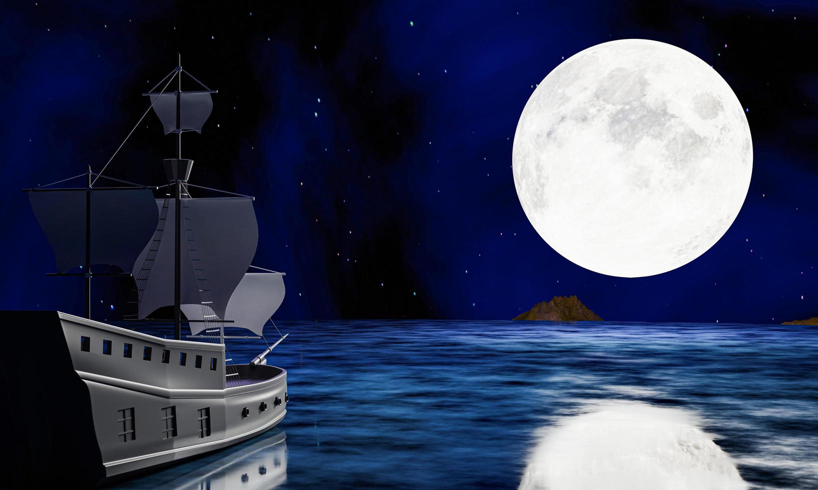 les navires pirates trouvent un coffre au trésor sur la mer ou l'océan la nuit de la pleine lune. silhouette ou ombre d'un voilier reflétant la surface de l'eau la nuit avec des étoiles dans le ciel. rendu 3d photo