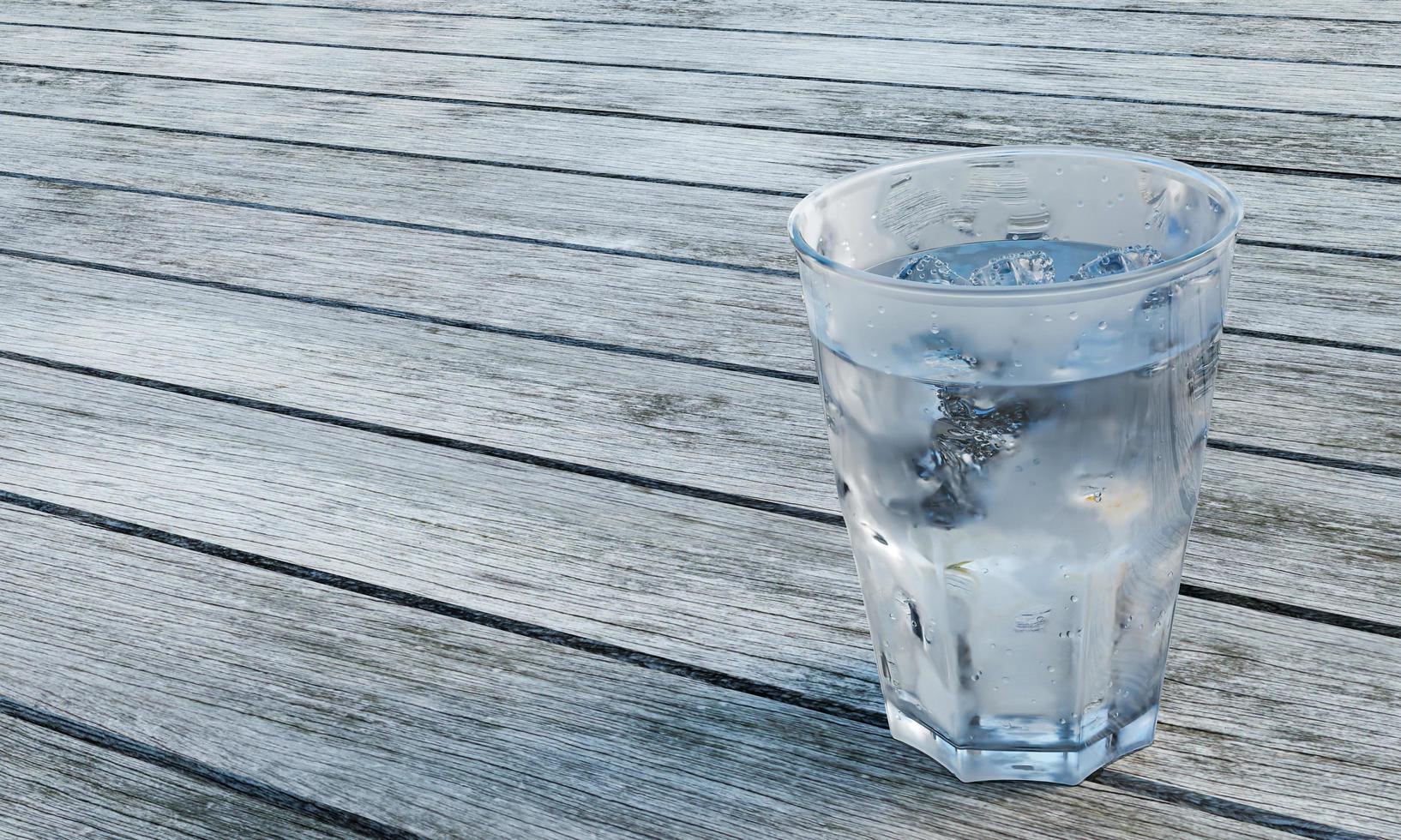 eau claire ou soda dans un verre clair pour la bière. eau froide dans un verre avec des glaçons, des bulles dans le verre. placé sur un sol en planches, une lumière brille dans le verre. rendu 3d photo