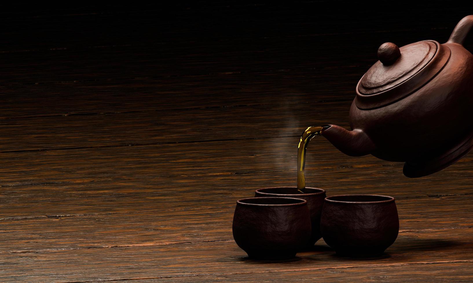 tasse à thé en argile ou en céramique posée sur une surface en bois et un fond noir, versez le thé du pot sur la tasse. rendu 3d photo