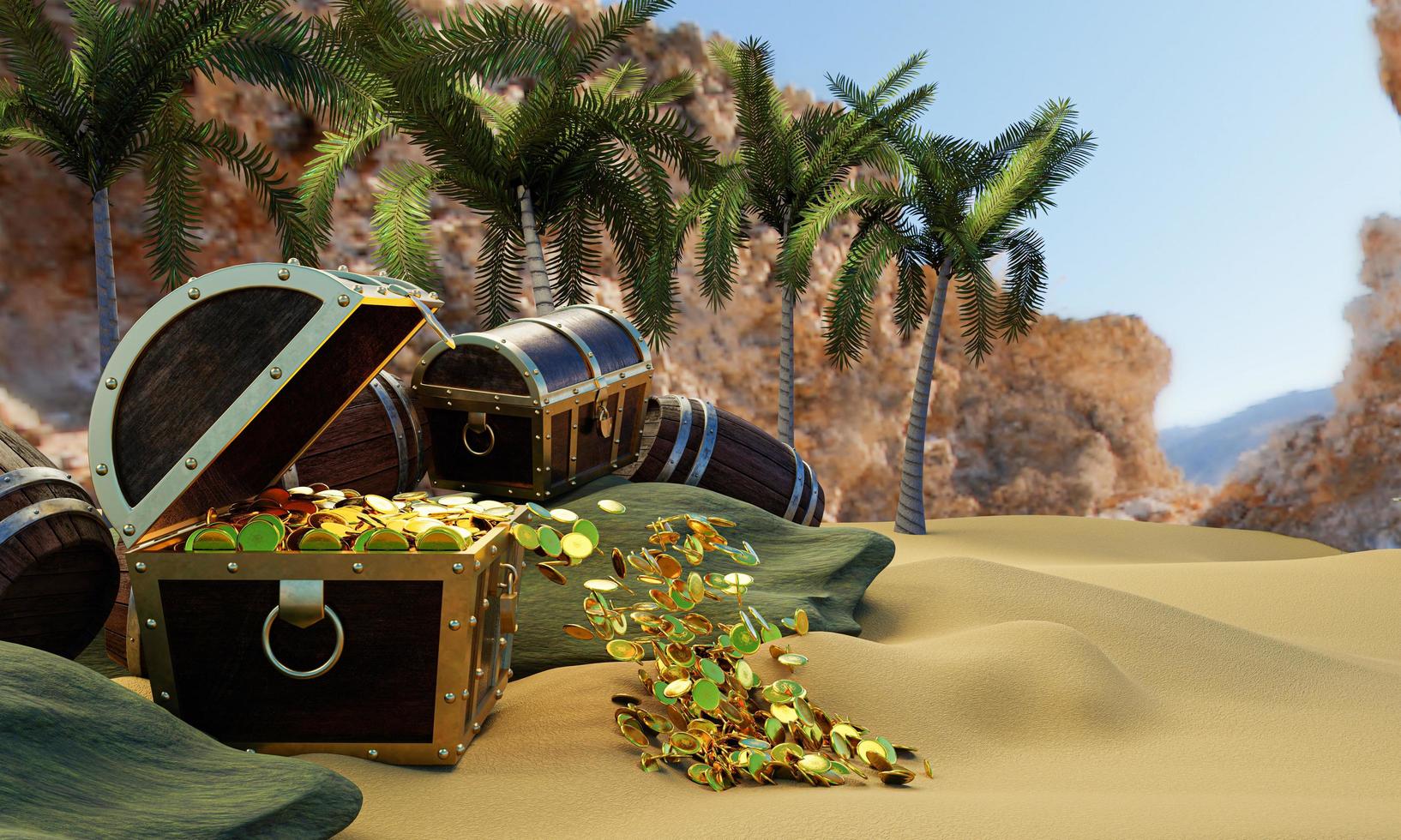 les pièces d'or sont dispersées dans des boîtes ou des coffres au trésor. coffre au trésor en bois posé sur la plage d'une île déserte sur le thème du trésor des pirates. rendu 3d photo
