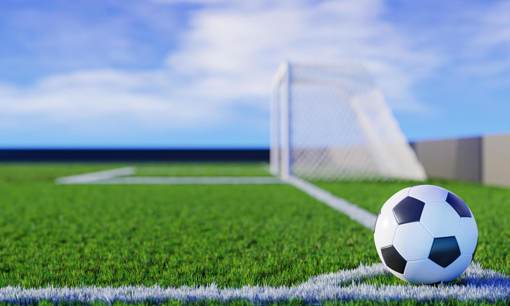 modèle standard de football placé dans le coin pour les coups de pied. les terrains de football ont de l'herbe verte fraîche. stade pour les matchs de football lors de journées ensoleillées et ensoleillées.rendu 3d. photo