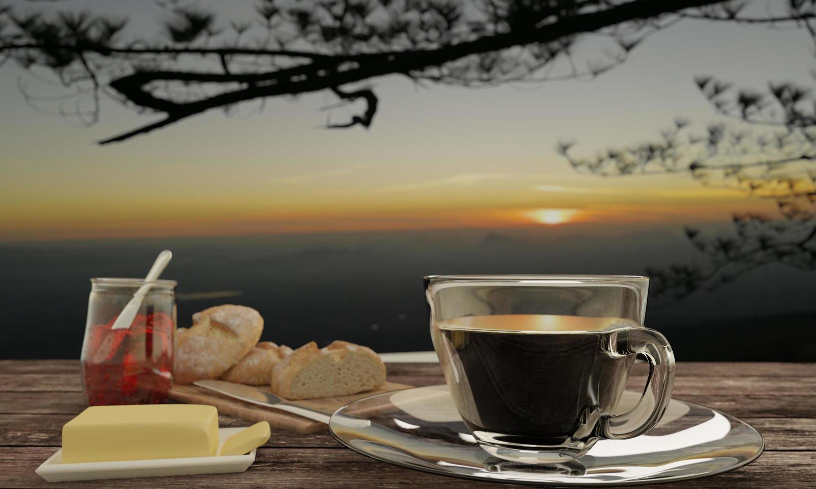 café noir en verre clair et pain fait maison sur boucher pour le concept de petit-déjeuner sur table en bois. arrière-plan flou vue sur la montagne et lever du soleil. rendu 3d. photo