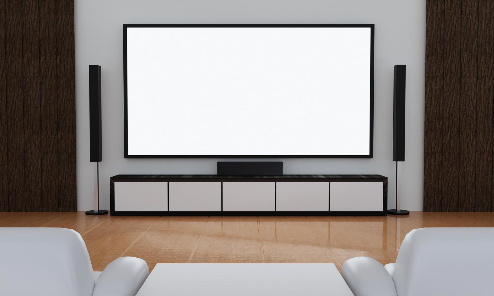 home cinéma sur mur de plâtre blanc. grand écran mural tv et équipement audio utilisés pour le mini home cinéma. canapé blanc et table sur parquet. rendu 3d. photo