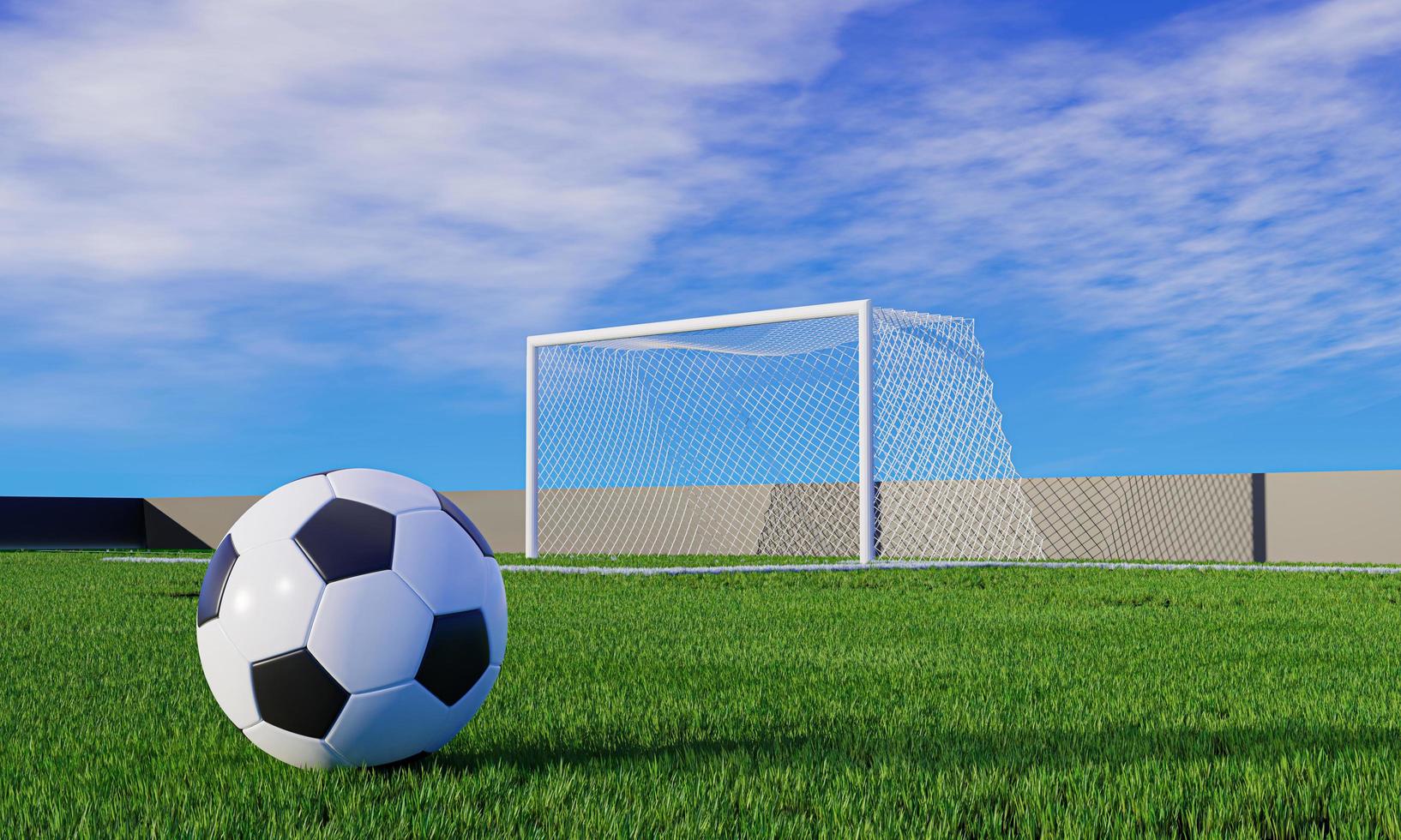 modèle standard de football placé dans le coin pour les coups de pied. les terrains de football ont de l'herbe verte fraîche. stade pour les matchs de football lors de journées ensoleillées et ensoleillées.rendu 3d. photo