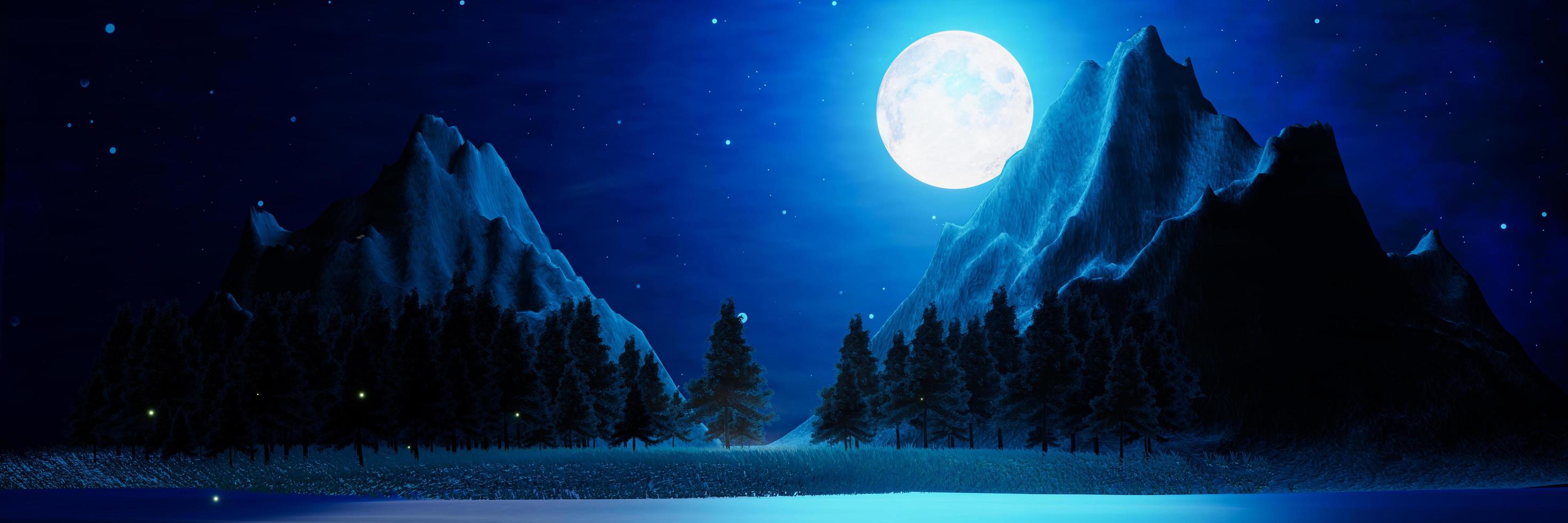 de vastes prairies avec des pins et des montagnes alternent en arrière-plan. les étoiles brillantes de la nuit de pleine lune remplissent le ciel. paysage de montagne nocturne avec des lucioles volant au-dessus du sol. rendu 3d photo