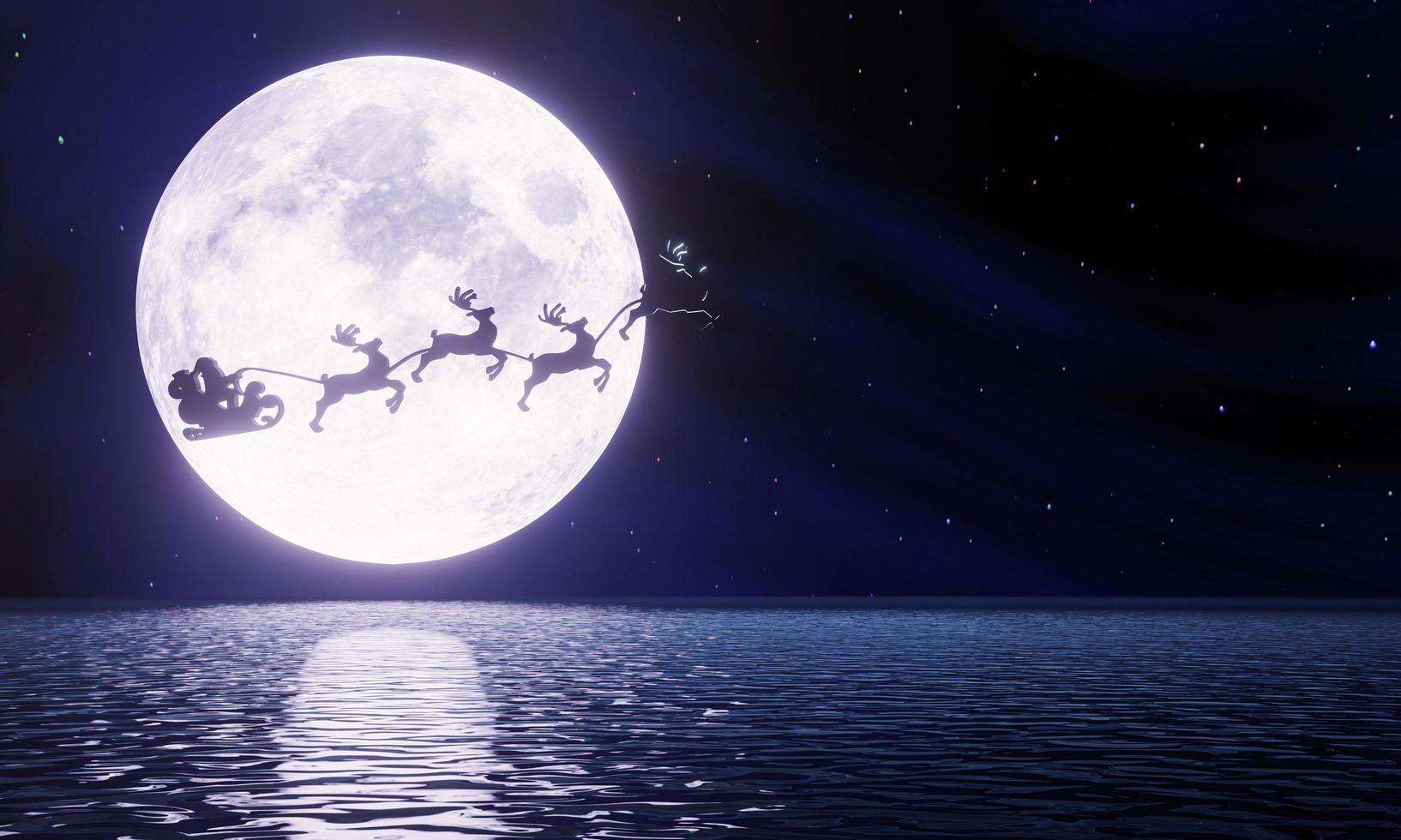 silhouette santa et rennes volant dans le ciel sombre avec la pleine lune et de nombreuses étoiles. le concept de la veille de noël. la super lune se reflète dans la mer. une vague l'océan à l'île. rendu 3d photo