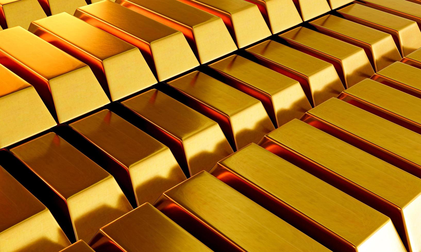beaucoup de lingots d'or sont disposés et disposés en rang. véhicule les métiers et l'or ou les marchés boursiers et le luxe. rendu 3d. photo