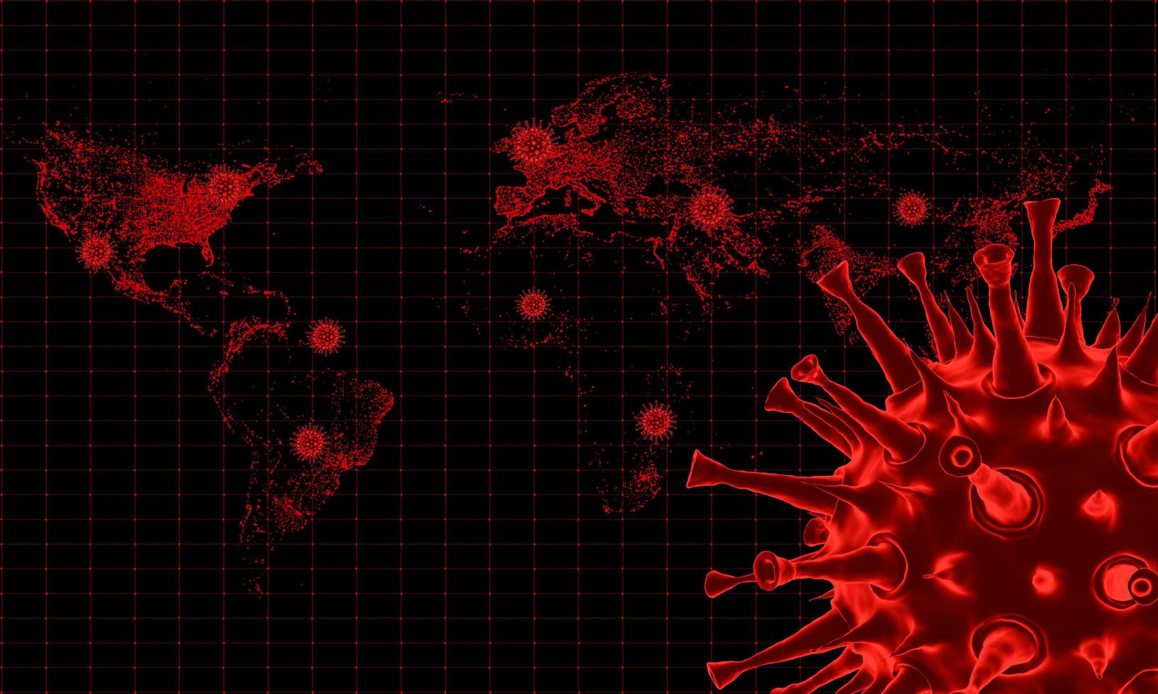 modèle de coronavirus covid-19 dans une épidémie mondiale. la carte du monde rouge représente le danger de propagation du virus. les cartes du monde et les grilles et les points montrent les coordonnées. rendu 3d. photo