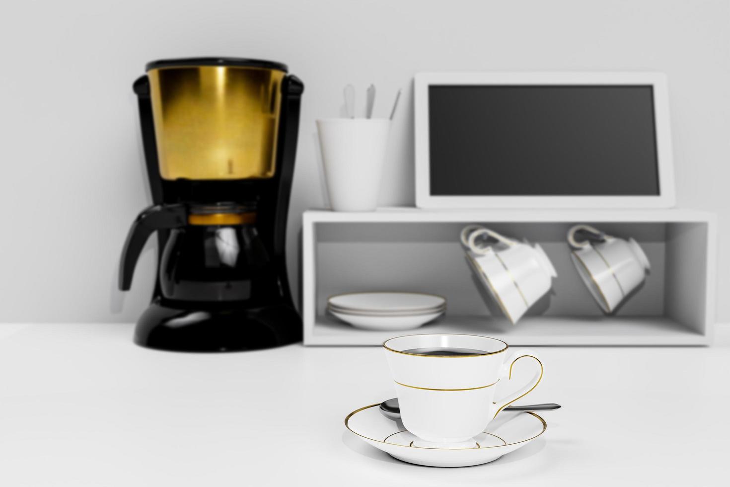 café noir dans une tasse en céramique blanche avec bord doré et soucoupe. machine à expresso noir et or flou et stockage de tasse à café sur fond blanc et fond d'écran blanc rendu 3d photo