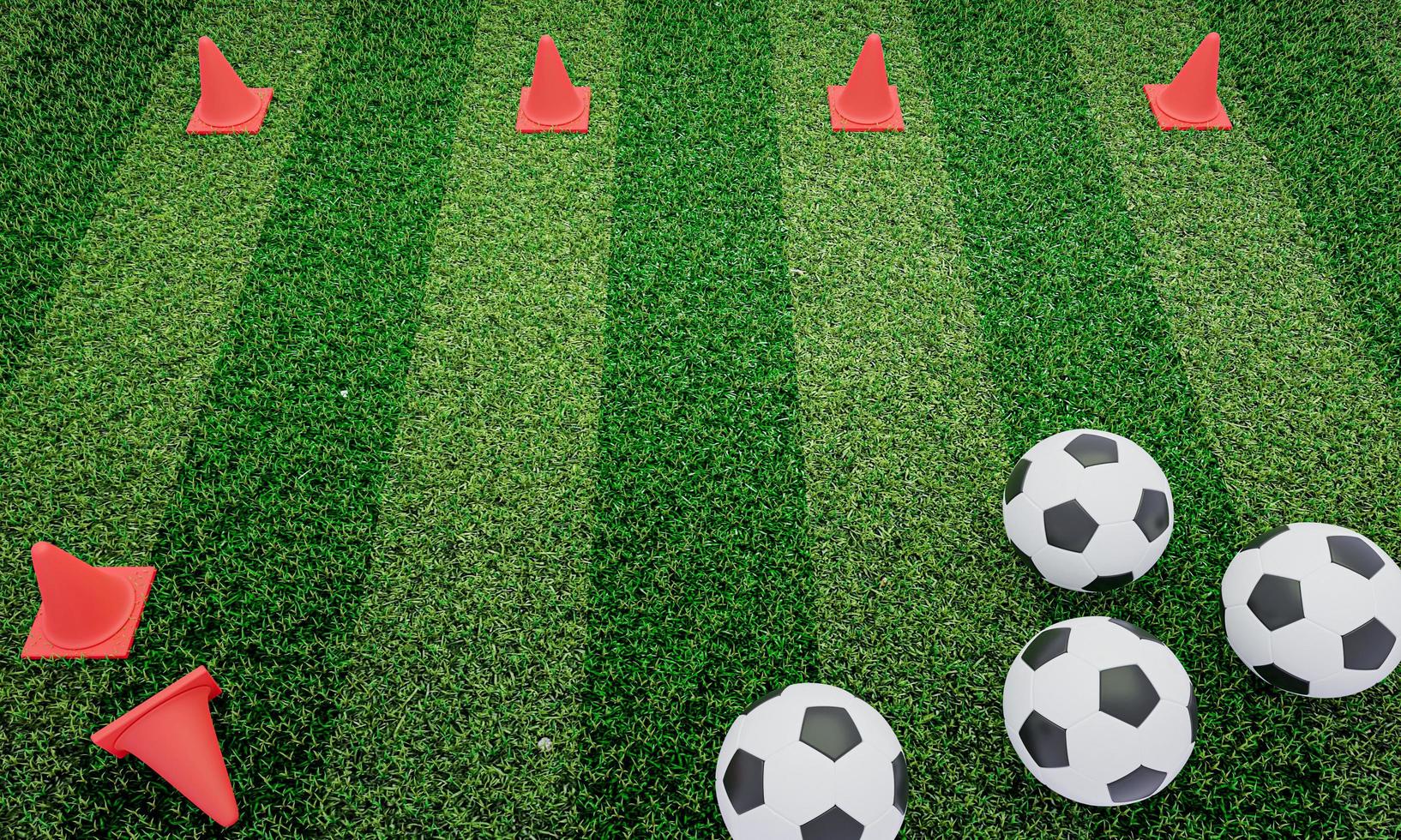 équipement d'entraînement de football sur gazon artificiel vert. matériel pour la classe de formation de l'académie de football. terrain d'entrainement de foot. rendu 3d. photo