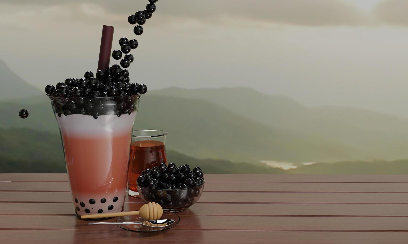 verser la gelée de perles noires dans un verre de thé au lait à bulles avec de la paille brune. miel dans une bouteille en verre clair et quelques bulles dans une tasse sur une table en bois avec vue sur la montagne. rendu 3d. photo