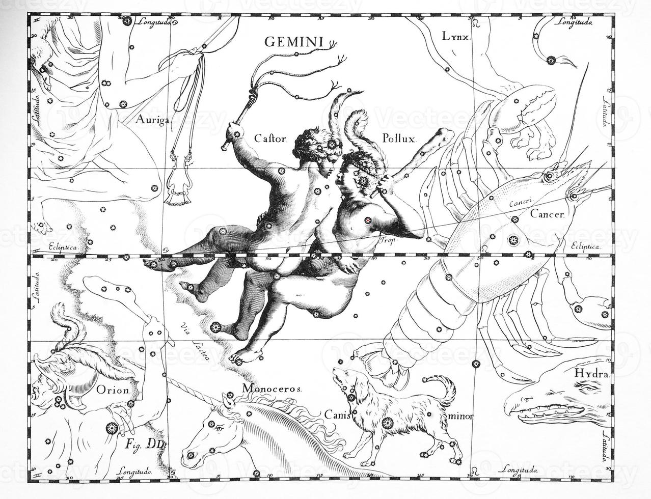 Constellation astronomique des Gémeaux sur fond blanc photo