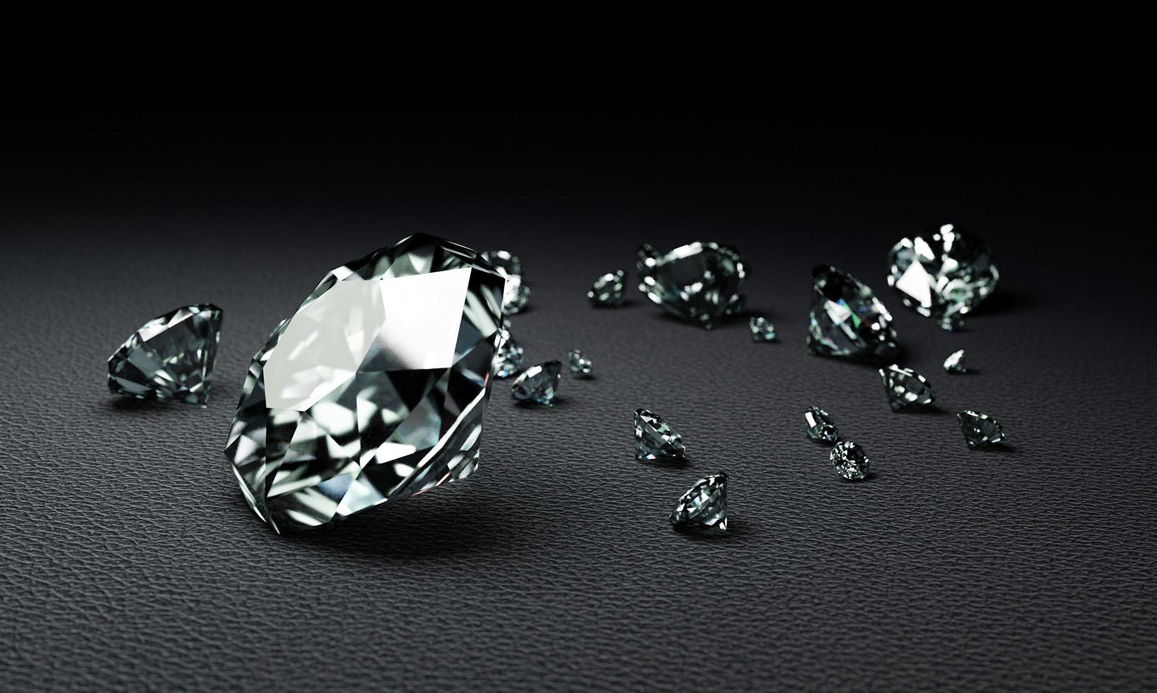 rendu 3d de nombreux diamants de taille sur une surface gris foncé photo