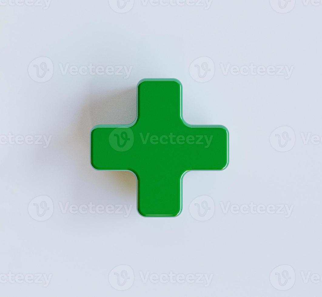 signe plus vert sur fond blanc pour le symbole de l'hôpital ou de l'assurance soins de santé et concept de pensée positive par rendu 3d. photo