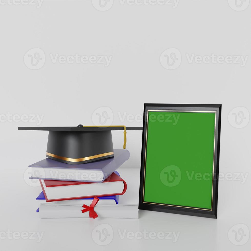 cadres photo maquettes pour félicitations à l'obtention du diplôme avec des livres et des robes, illustration de rendu 3d
