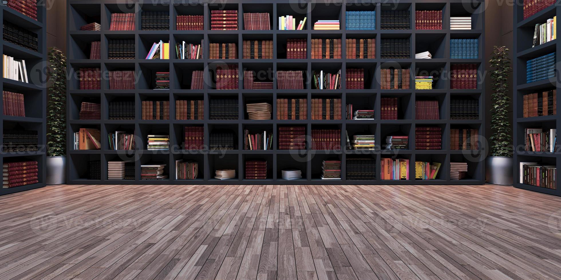 grande bibliothèque en bois noir moderne rendu 3d réaliste photo