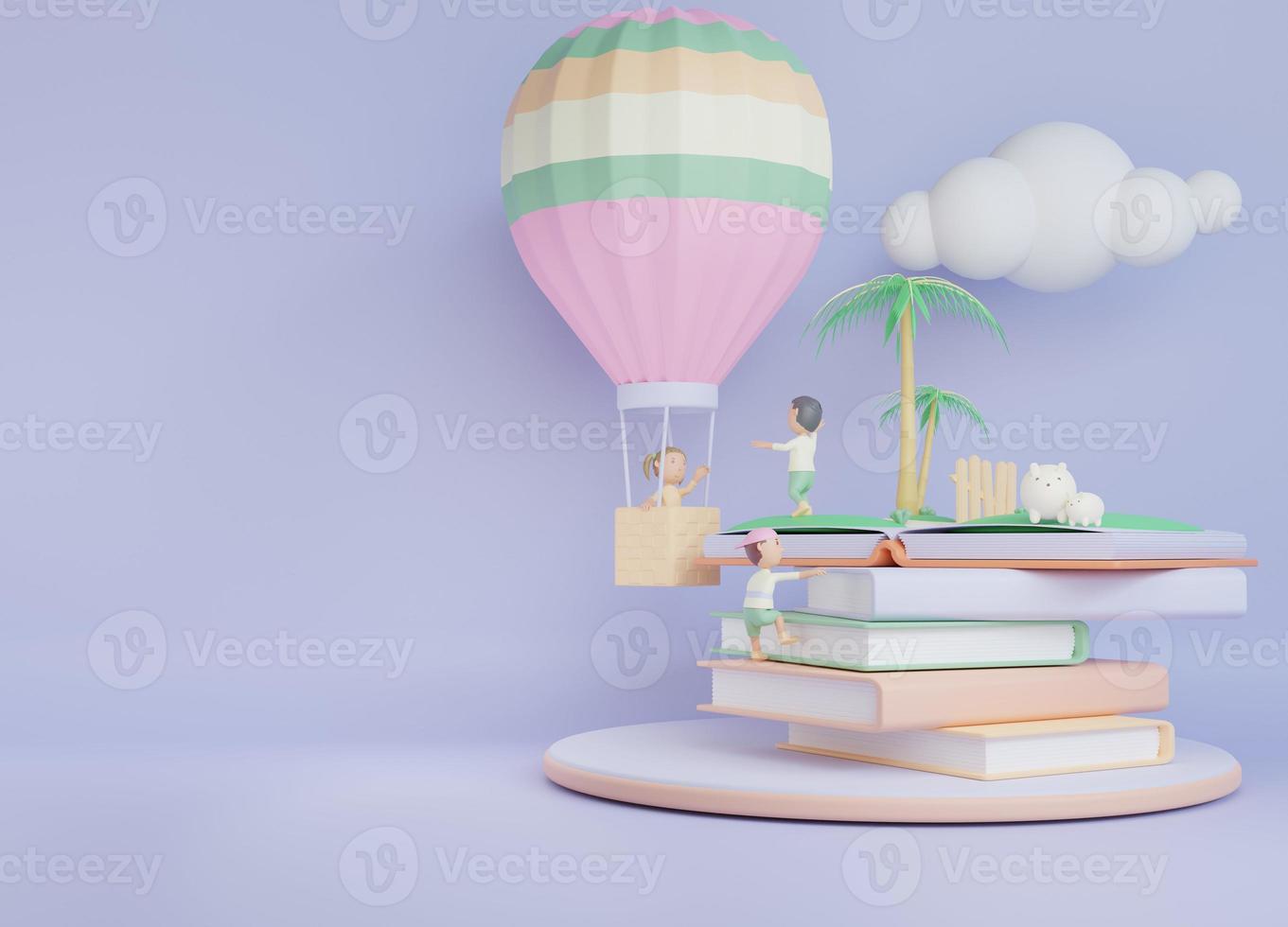 Fond d'illustration de livre pour enfants 3d avec l'enfant monter en montgolfière photo