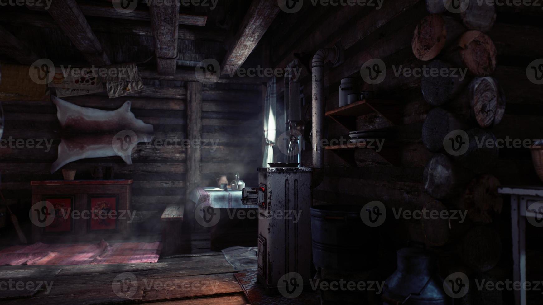 fragment de l'intérieur d'une ancienne cabane paysanne en rondins photo