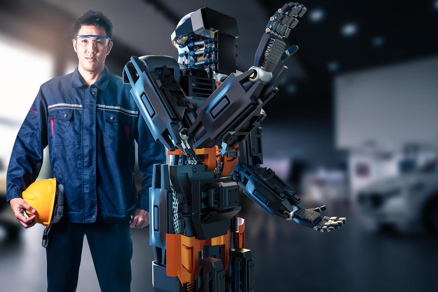 homme asiatique avec robot communauté métaverse pour vr avatar réalité jeu réalité virtuelle de personnes inspecteur service connecter technologie inspecteur mécanicien entretien robot dans l'usine photo