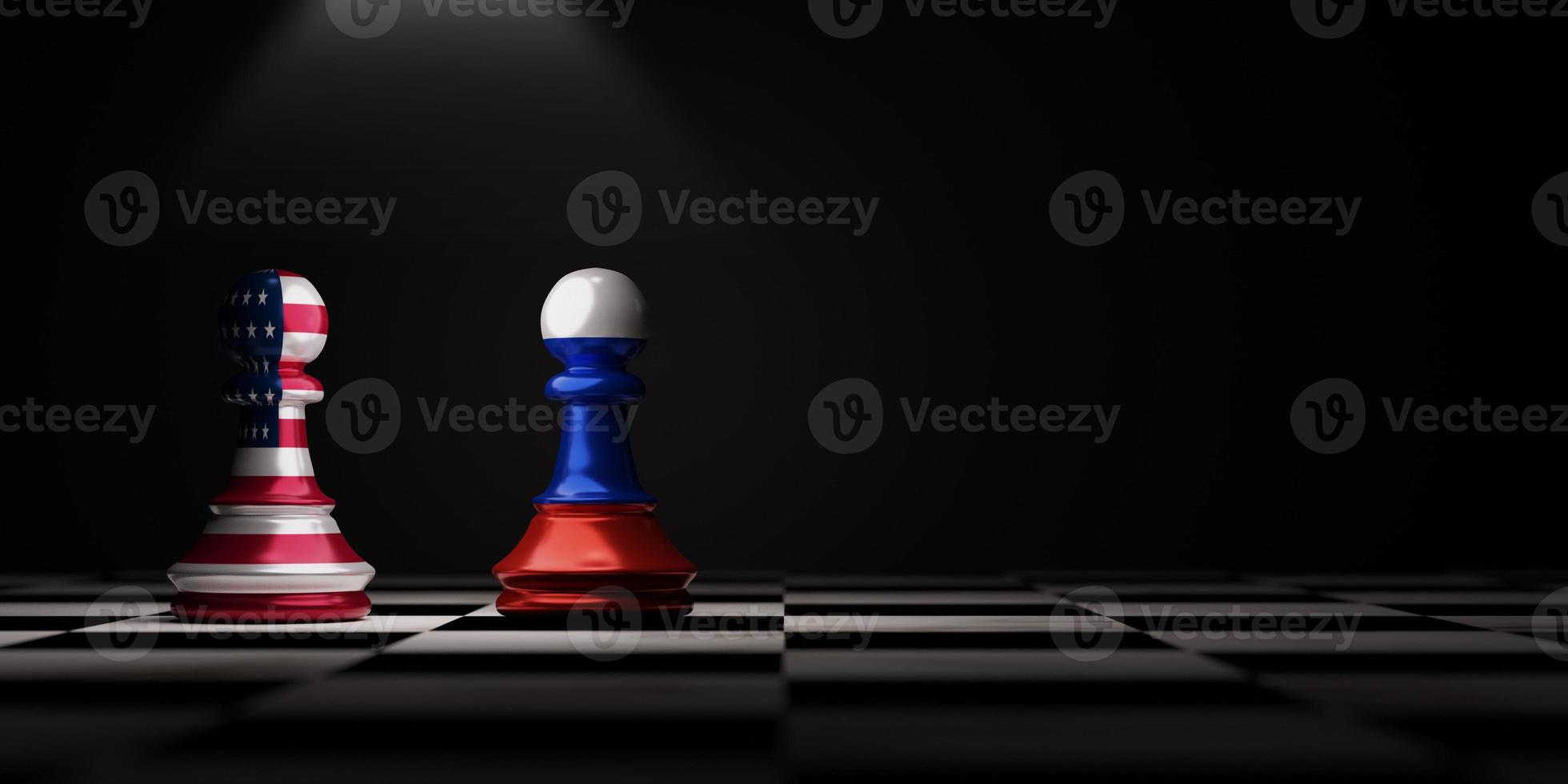 bataille d'échecs sur gage entre les états-unis et la russie sur l'échiquier pour le conflit politique et le concept de guerre par la technique de rendu 3d. photo