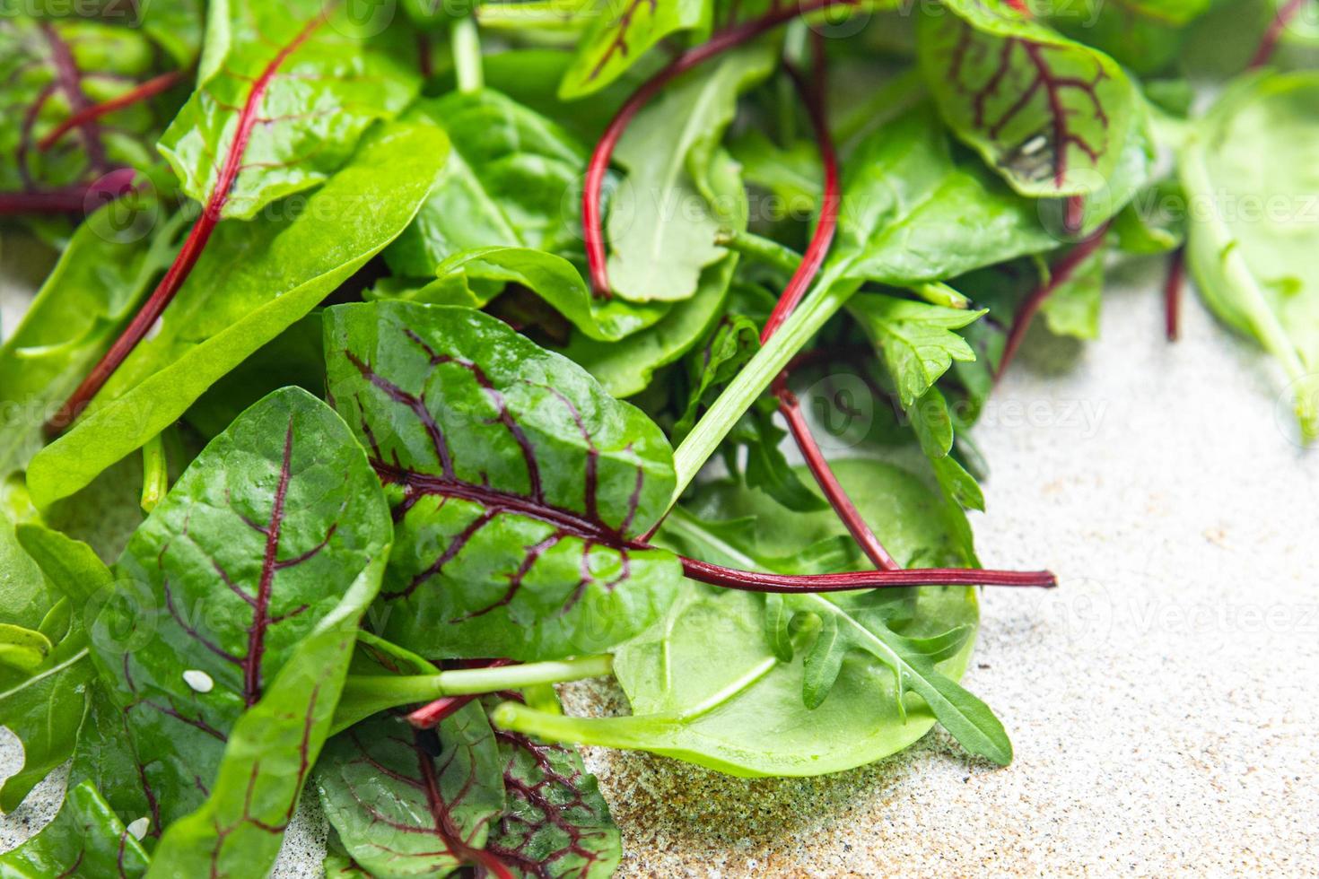mélange de salade de feuilles vertes collation microgreen sur la table photo
