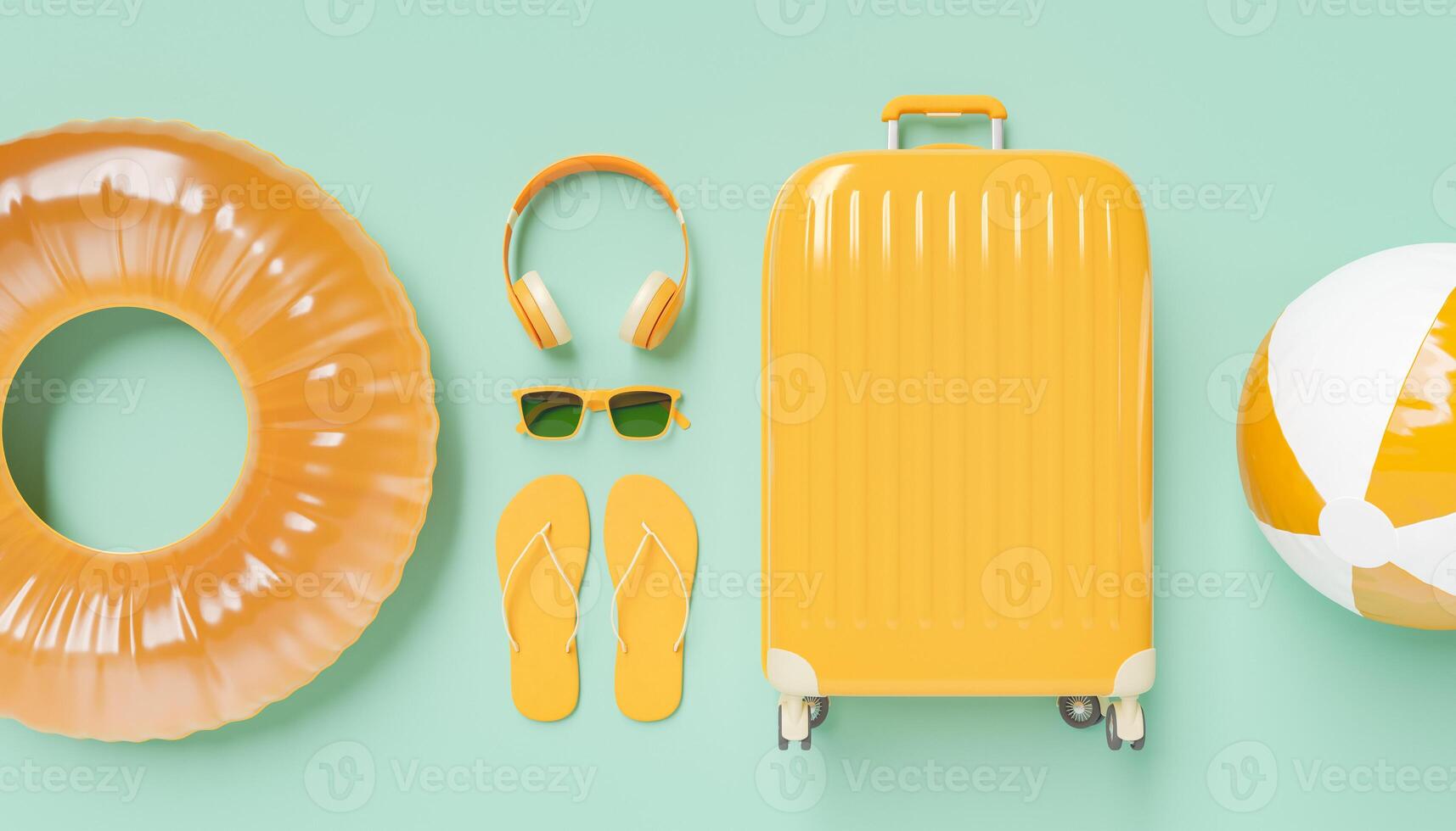 valise orange à plat avec accessoires de voyage photo