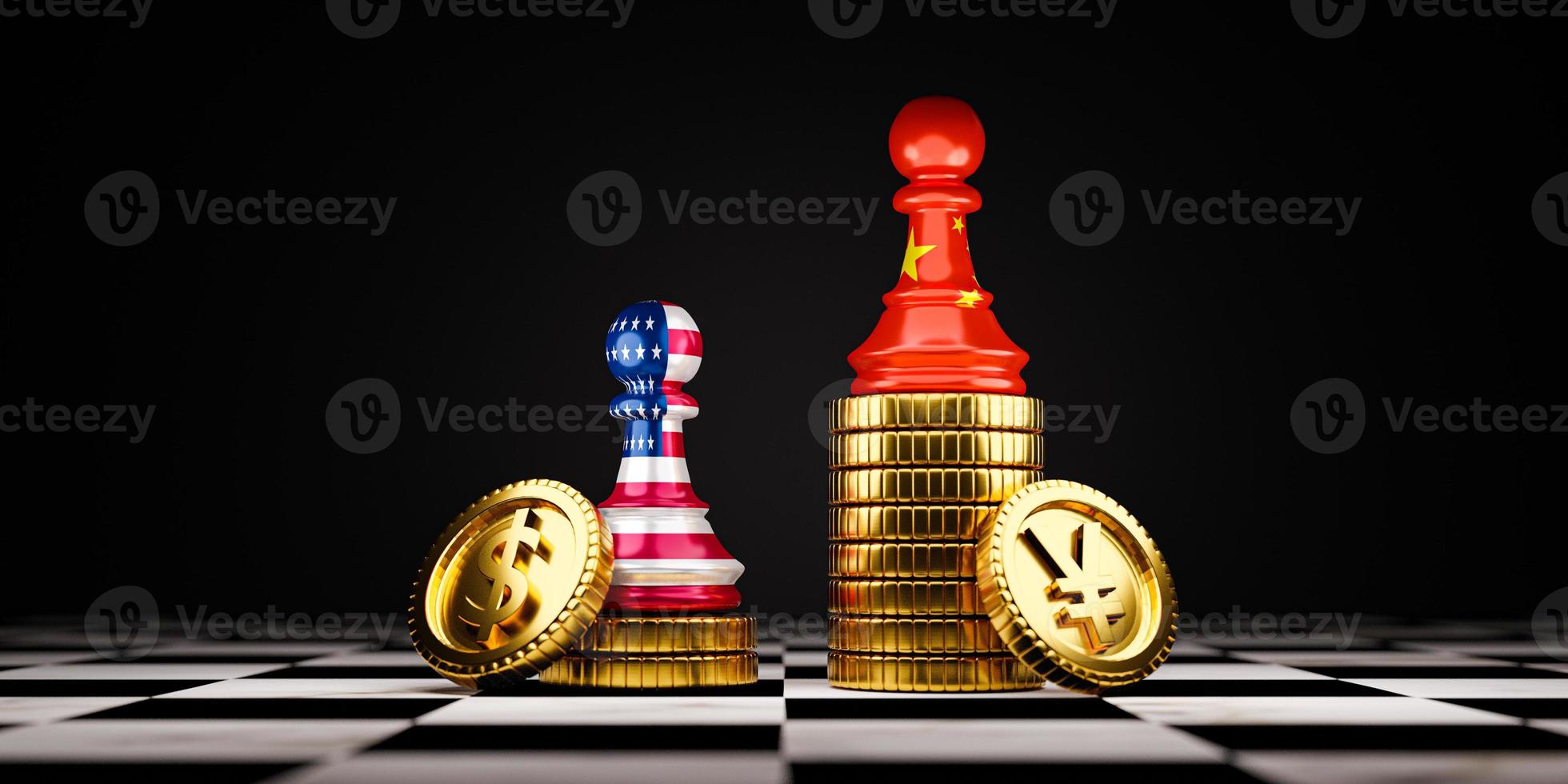 Échecs sur gage en Chine debout sur des pièces en yuan supérieur empilées et États-Unis d'Amérique Échecs sur gage debout en bas sur des pièces en dollars américains empilées pour la croissance économique et le développement de la Chine plus que le concept des États-Unis. photo