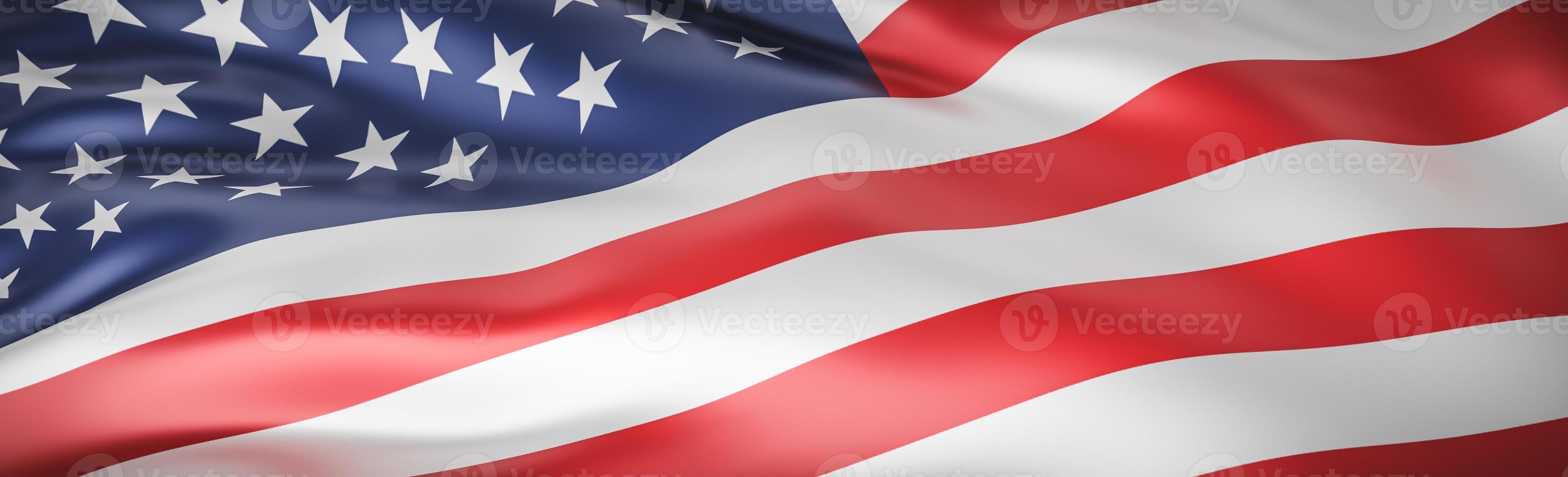 belle vague de drapeau américain en gros plan pour le jour du souvenir ou le 4 juillet sur fond de bannière avec espace de copie., modèle 3d et illustration. photo