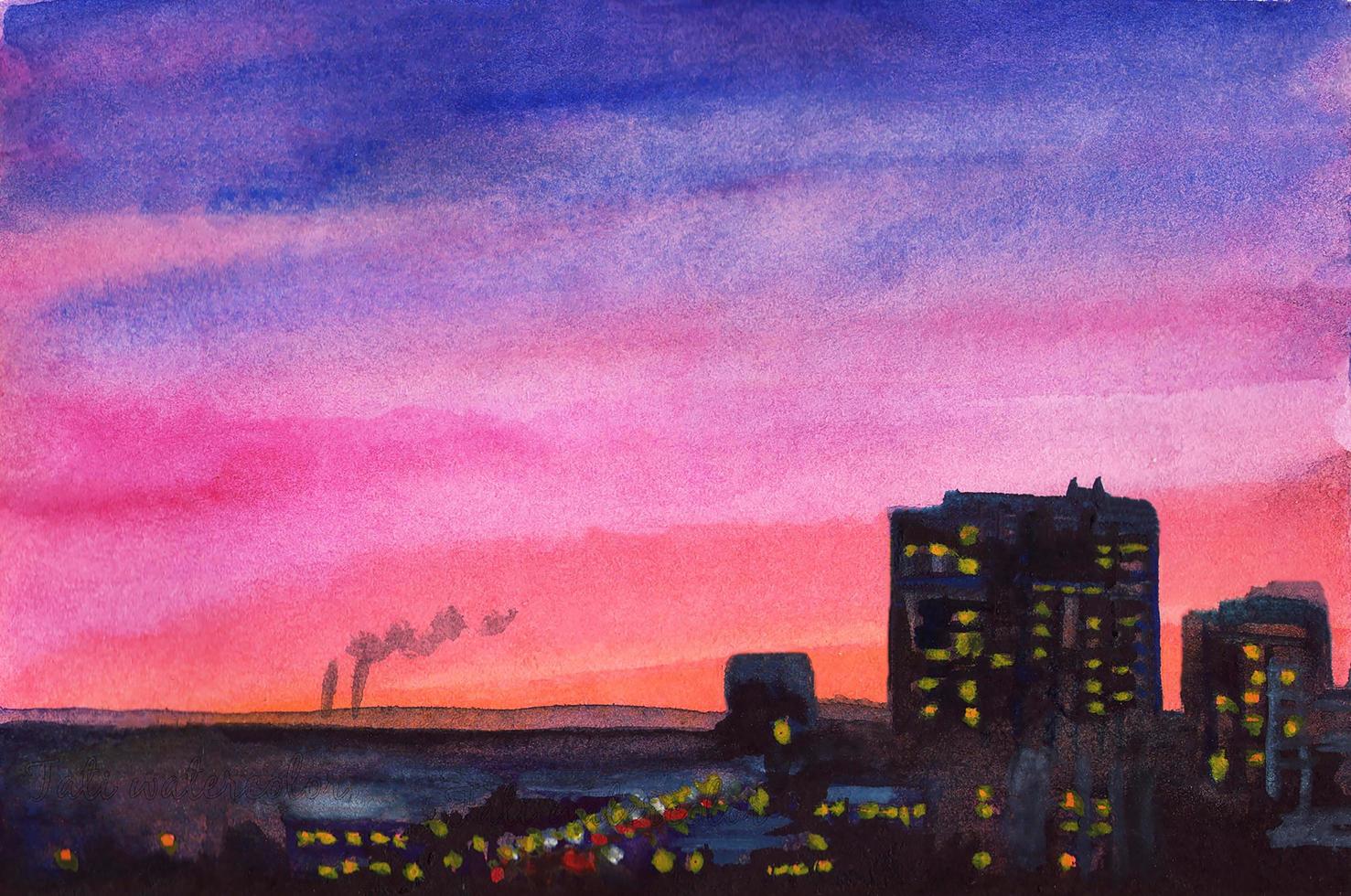 paysage urbain aquarelle, coucher de soleil du soir photo