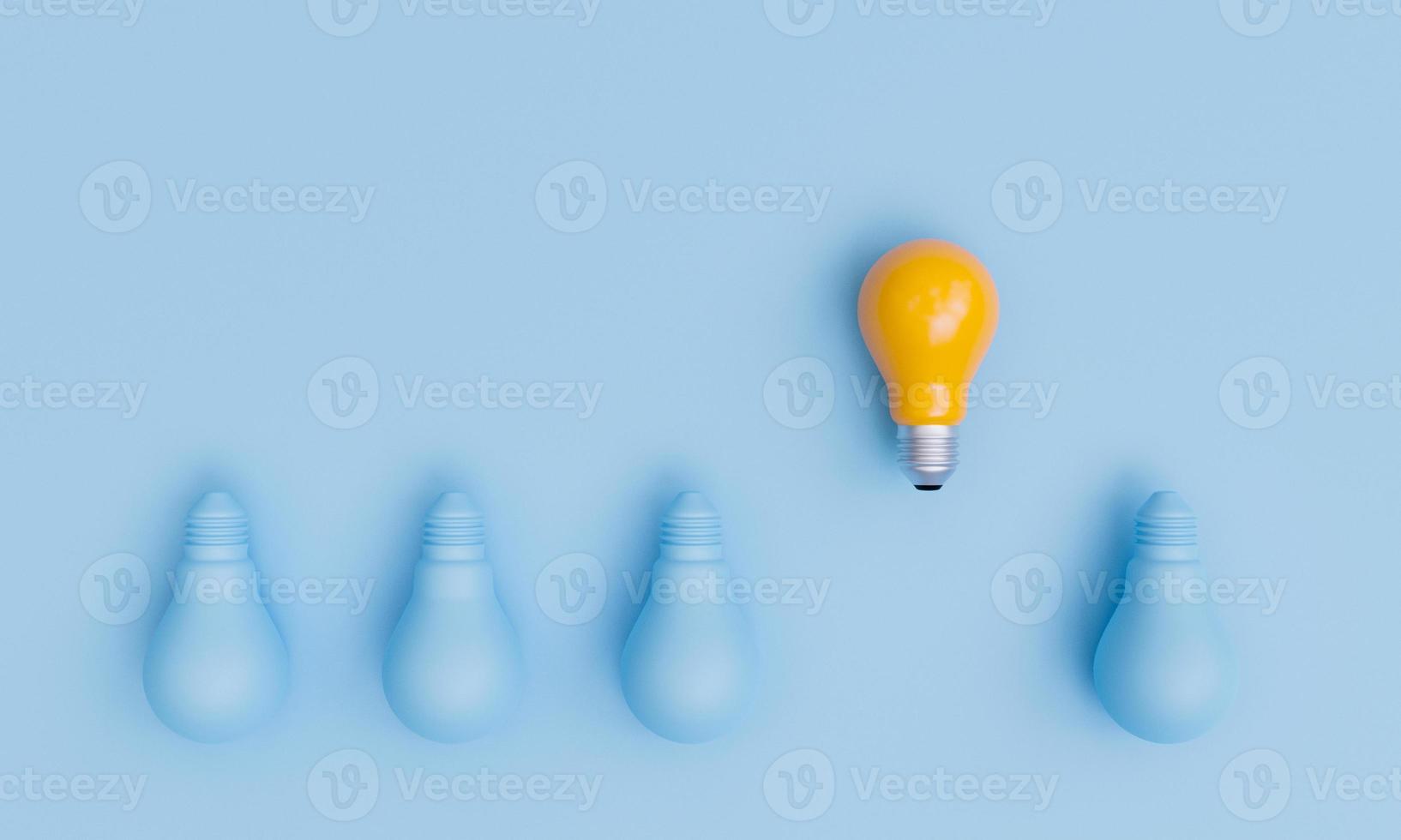ampoule jaune vers le haut qui diffère avec la lampe bleue pour différents concepts d'idées de pensée créative par rendu 3d. photo