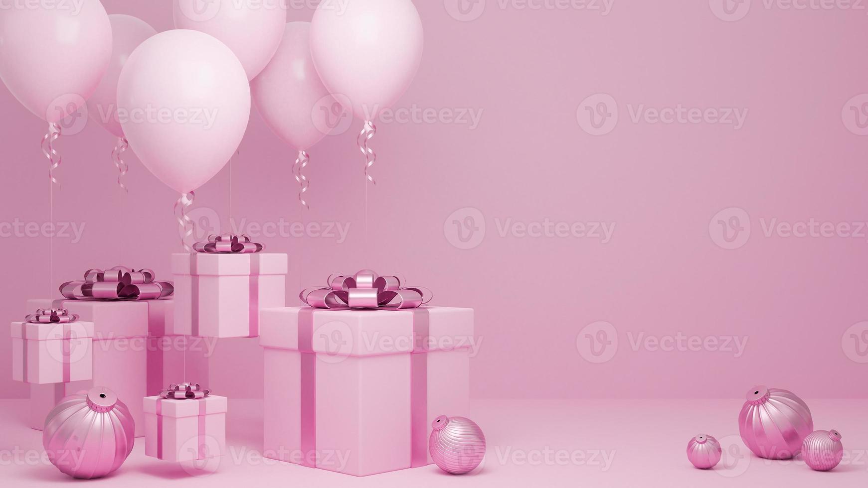 de nombreux coffrets cadeaux volent dans l'air avec ballon et ornement fond pastel rose., concept de fond de noël et bonne année., modèle 3d et illustration. photo