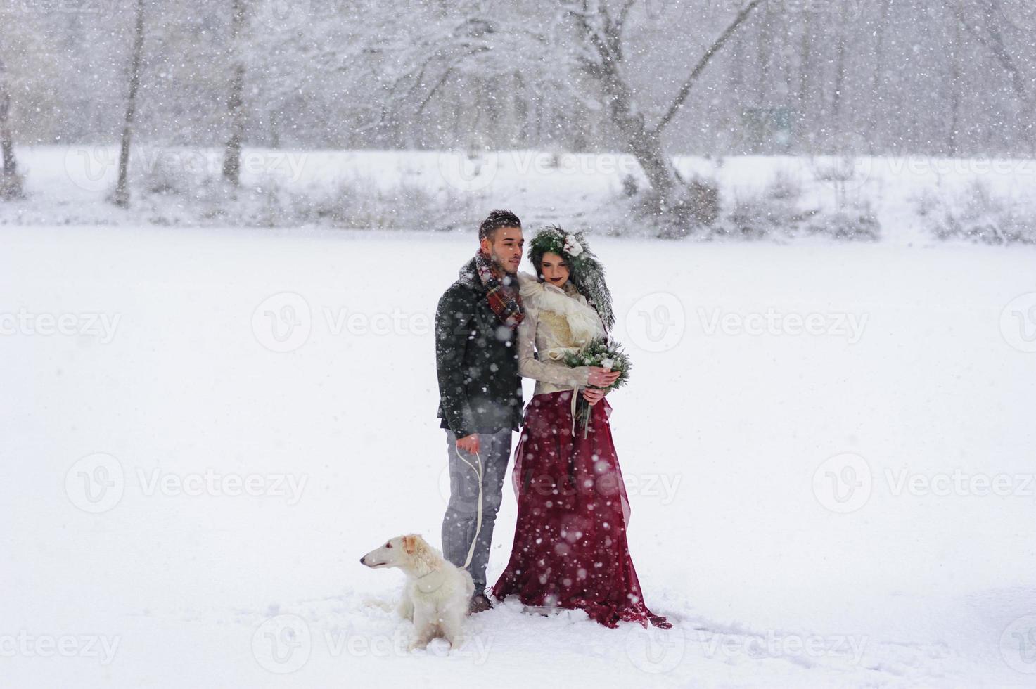 belle mariée et le marié avec un chien blanc se tiennent sur le fond d'une forêt enneigée. photo