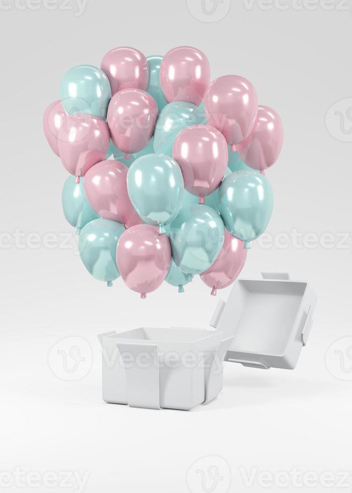 Concept de rendu 3d de révélation de genre, baby shower, fête d'anniversaire. ballons pastel bleus et roses réalistes flottant de la boîte-cadeau sur fond blanc. carte d'invitation. rendu 3D. Illustration 3D. photo