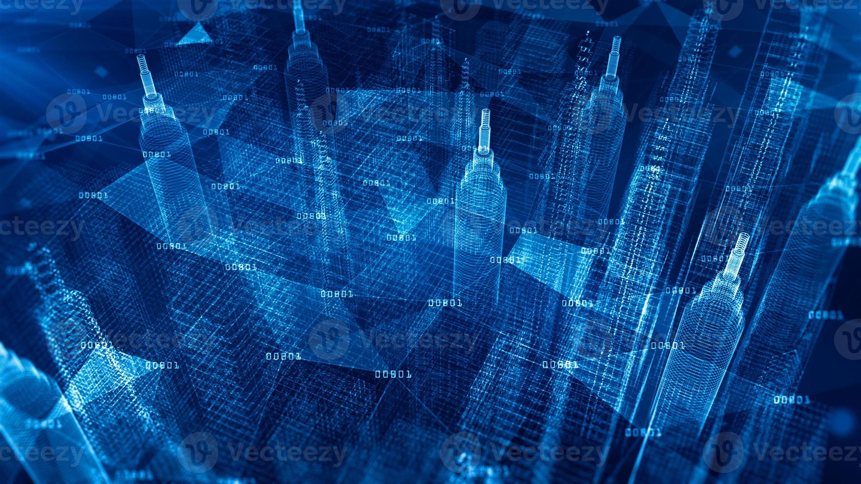 ville numérique, cyberespace numérique avec particules et connexions réseau de données numériques, connexion Internet haut débit 5g et processus d'analyse de données, concept de fond de ville intelligente. photo