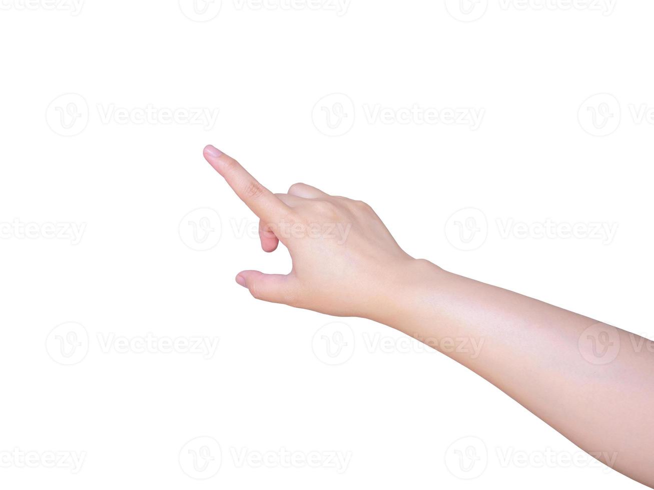 main féminine touchant ou pointant vers quelque chose d'isolé sur blanc photo