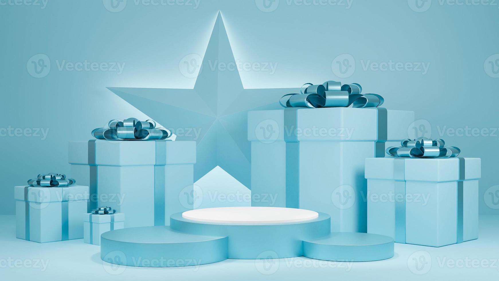 vacances noël et bonne année fond de couleur bleu pastel avec une boîte-cadeau et un présentoir de podium pour la présentation de l'emballage des produits de luxe., modèle 3d et illustration. photo