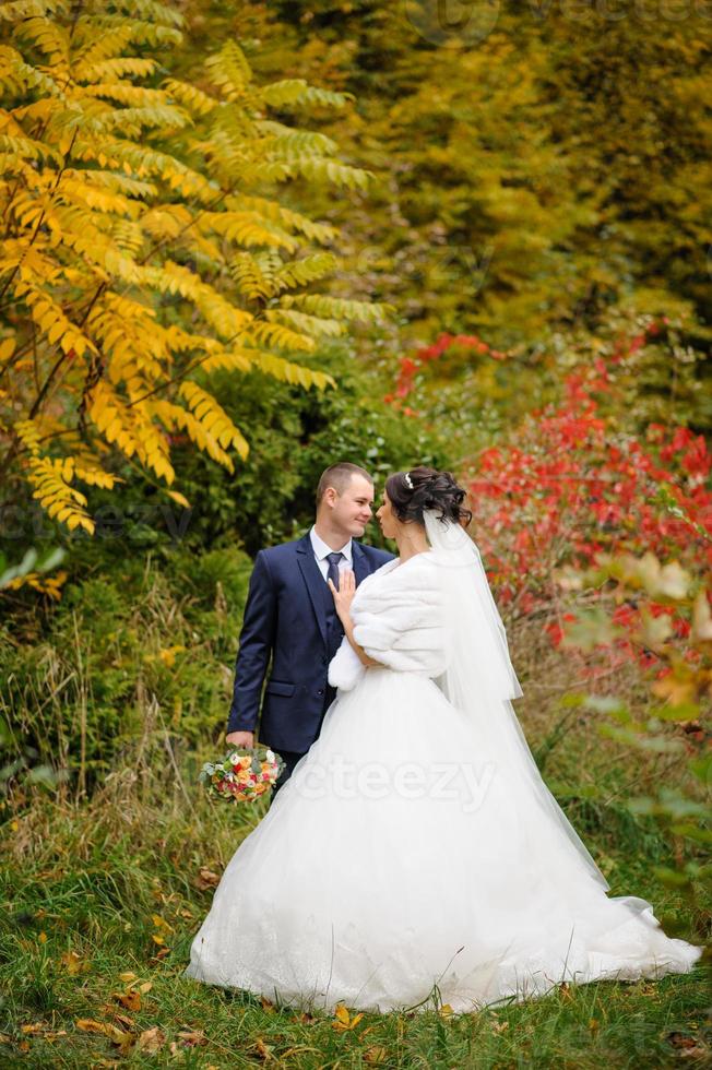 la mariée et le marié sur le fond du parc d'automne. photo