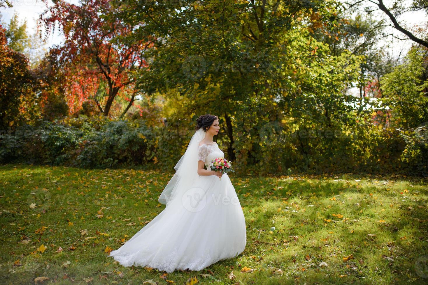 portrait d'une mariée solitaire sur fond de parc d'automne. la jeune fille s'est réfugiée sous un voile avec lequel le vent se développe. photo